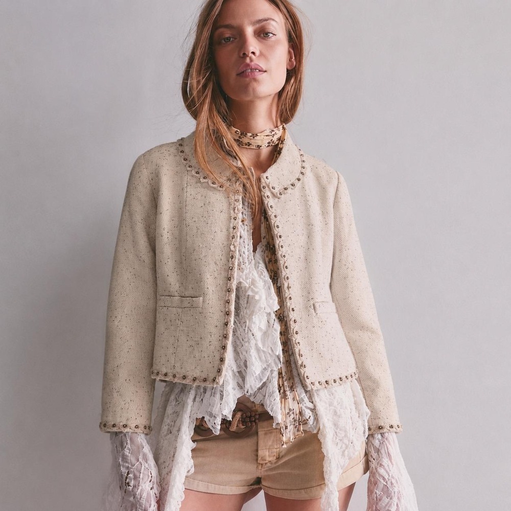 Vintage Beaded Tweed Blazer Crop Jacket Womens Size 6 Cream Shimmer Linen Wool